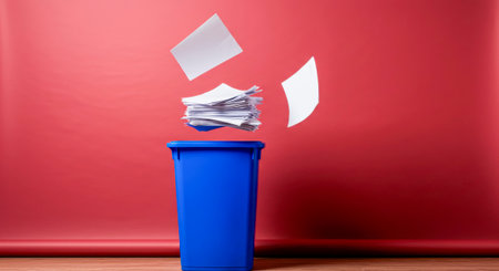 Blue bin catches flying leaves: separate waste collection in actionの素材