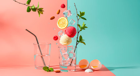 Ice cream scoops floating above a glass of ice: a summer flavor explosionの素材