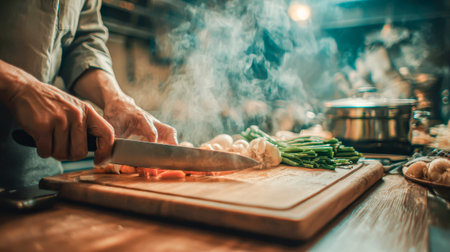 Homemade dinner in progress: steam rises, the knife works confidentlyの素材