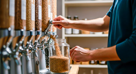 Eco-friendly grain shopping: a stream of grain pours from a dispenser into a jarの素材