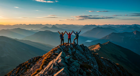 Road to a Dream: A Team Storm Up a Mountain at Dawnの素材