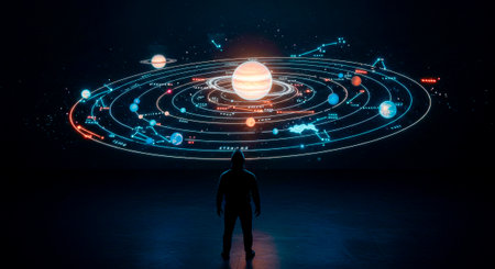 HUD Planetarium: A Man Explores a Hologram of the Solar Systemの素材