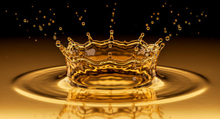 Liquid lemonade crown: A drop creates a crown splash on a gold backgroundの素材