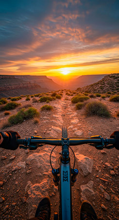 First-person view of a mountain bike handlebar on a trail at sunsetの素材