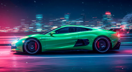 Speed on a long exposure: the coupe rushes, the streets stretch out like tracksの素材