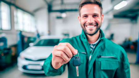 Professional at the service station: diagnostics completed - the car is ready for deliveryの素材