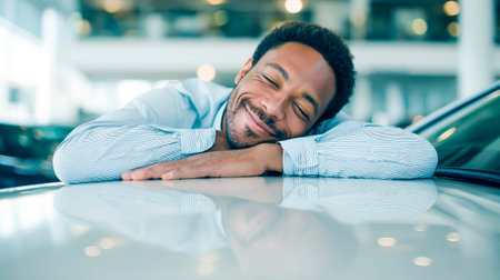 New owner: emotions of joy at the shiny hood in the showroomの素材