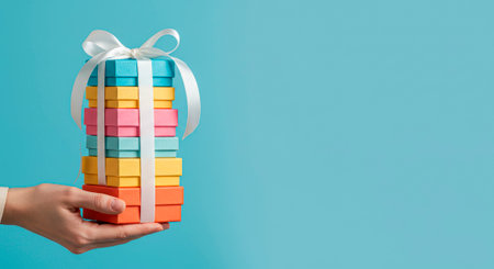 A tall tower of gifts in the palm of your hand - white ribbon and perfect copy spaceの素材