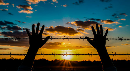 Barbed wire and raised hands - an attempt to loosen the barrier at sunsetの素材