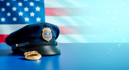 A symbol of service and honor-a uniform cap with an emblem highlighted in focus. Police.の素材