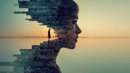 A silhouette of a woman's profile made of blocks - a person stands on the threshold of an inner world at dawnの素材