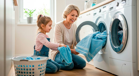 Grandma and granddaughter loading blue towels - family laundry with a smileの素材