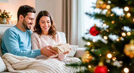 Christmas present in hand - a couple on the couch exchanges surprises by the Christmas treeの素材