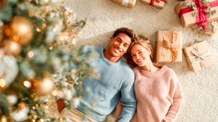 A couple lies under the tree among gifts - a warm New Year's momentの素材
