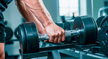 The hand takes a heavy dumbbell from the rack - the start of a strength approachの素材