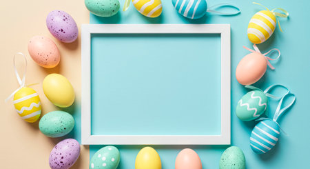 Easter eggs frame an empty white frame - a festive background with copy spaceの素材