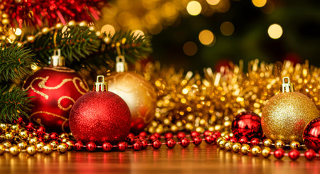 Golden and red Christmas tree balls twinkle in the lights of the garland on the festive table.の素材