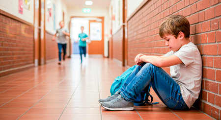 A child sitting on the floor during recess - a feeling of isolationの素材