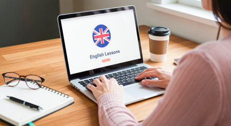 English Lessons Laptop with Screen - Distance Learning Over a Cup of Coffeeの素材