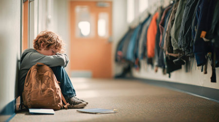A lonely student hugs his knees, a backpack nearby - the topic of bullyingの素材
