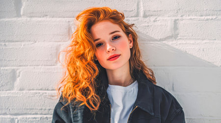 Freedom and character: copper curls fall on the shoulder, looking straight into the cameraの素材