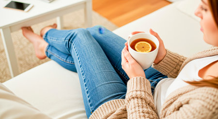 A cozy evening on the sofa: a woman holds a large cup of tea with lemonの素材