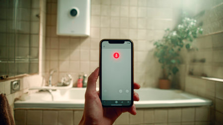 A smartphone in the bathroom controls the boiler-one tap for hot waterの素材