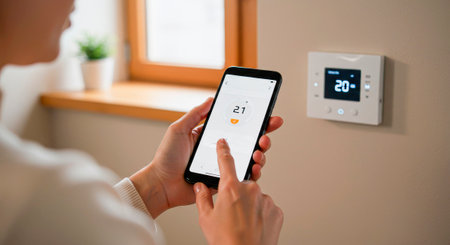 The smartphone regulates the climate - the user increases the temperatureの素材