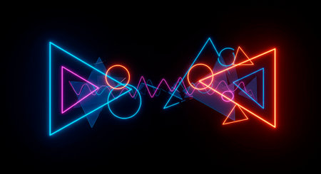 Neon triangles and circles converge as a sound wave flares in the centerの素材