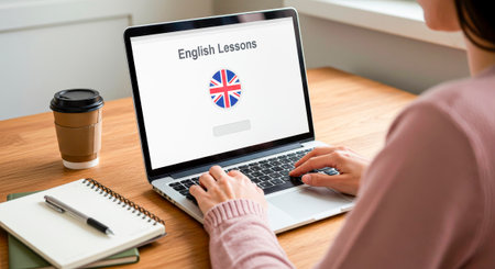 Learning English online - a user completes a course assignmentの素材