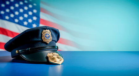 A gold badge on his cap, the metal glaming in the studio lightの素材