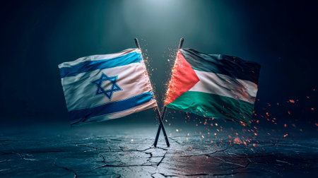 Two flags face to face, lightning cutting through the sky between themの素材