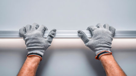 Lighting installation - hands fixing the aluminum profile to the ceilingの素材