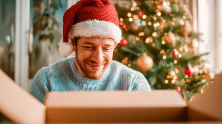 The joy of surprise - smiling as she opens a parcel near the Christmas treeの素材