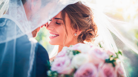 Newlyweds hugging - a tender portrait on their wedding dayの素材