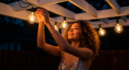 A sparkly dress and lights as the hostess decorates the pergola for the holiday.の素材