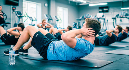Strong core - a young man doing crunches with classmates nearbyの素材
