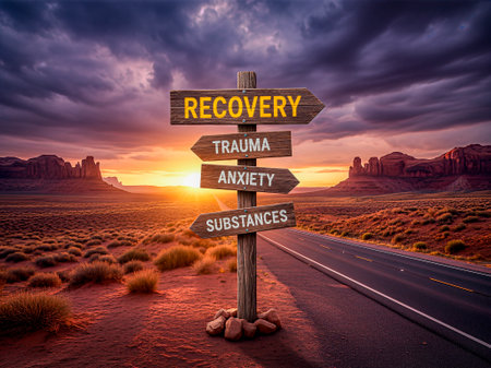 Wooden signpost stands in vast desert, with directional arrows pointing to recovery, trauma, anxiety, and substances, representing the journey of overcoming addiction and personal challengesの素材