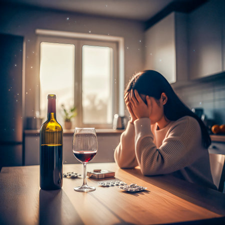 A woman with long dark hair sits at a kitchen table, visibly distressed, with a bottle of wine and glass nearby, illustrating the emotional toll of alcoholismの素材