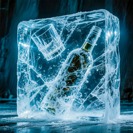 Wine bottle and glass trapped in ice, glowing with blue light, representing the struggle of alcoholism and its chilling effects on personal choices and relationshipsの素材