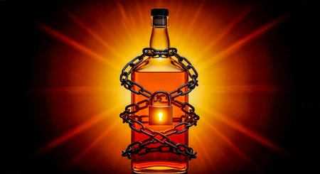 Whiskey bottle encased in chains and a padlock, glowing warmly, representing the challenges of alcoholism and the fight for freedom from addiction in a striking visual contextの素材