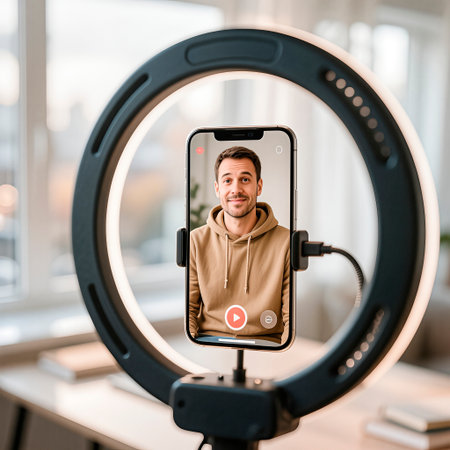 Male content creator is using smartphone in a ring light setup, recording video in a well-lit room, highlighting the art of vlogging and digital storytellingの素材