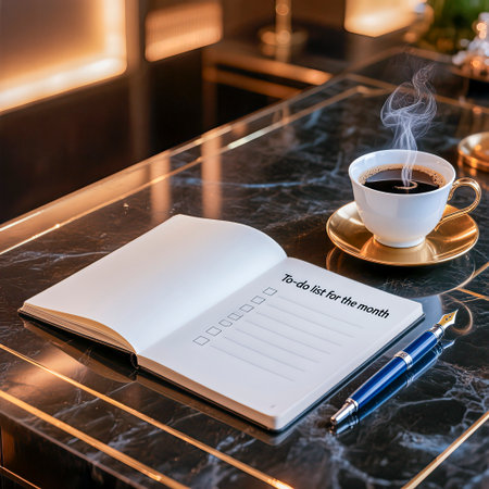 Notebook features a to-do list for the month besides a steaming cup of coffee on a marble table, creating a stylish and organized workspace environmentの素材