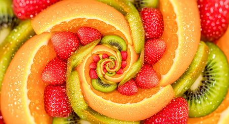 Colorful spiral design featuring fresh strawberries, oranges, kiwis, and green apples, highlighting vibrant textures and natural beauty in an artistic fruit displayの素材