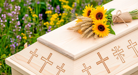 Wooden casket with sunflowers and wheat, set amidst colorful wildflowers, creating a tranquil atmosphere for a farewell ceremony honoring the deceasedの素材