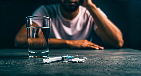 Individual seated at table with glass of water, reflecting on syringe and pills, capturing the emotional weight of drug addiction and its consequencesの素材