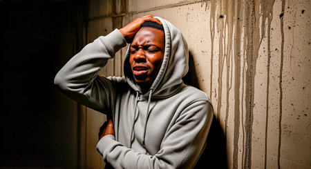 African American man in gray hoodie leans against a rough wall, showing visible distress and emotional turmoil, representing the challenges of drug addiction and mental health strugglesの素材
