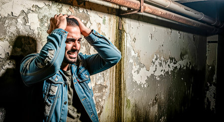 Distressed young man holds his head in a dimly lit space with peeling walls, illustrating the emotional turmoil associated with drug addiction and mental health challengesの素材