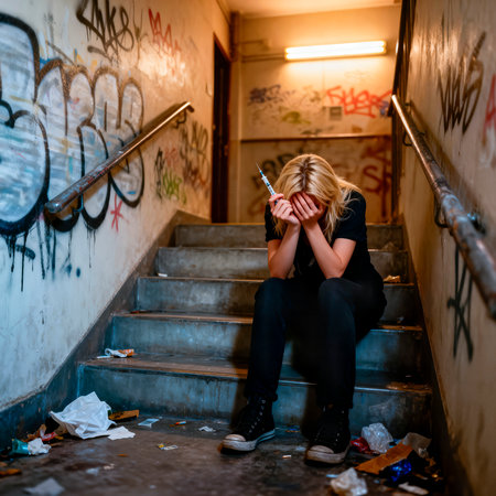 Female figure is seated on stairs in a dark corridor, visibly distressed, with graffiti on walls and debris scattered around, conveying the struggle of addictionの素材