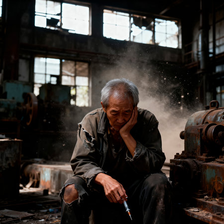 Senior man in worn clothing, seated in a dilapidated factory, holding a pen, surrounded by old machinery, evoking themes of addiction and personal reflectionの素材